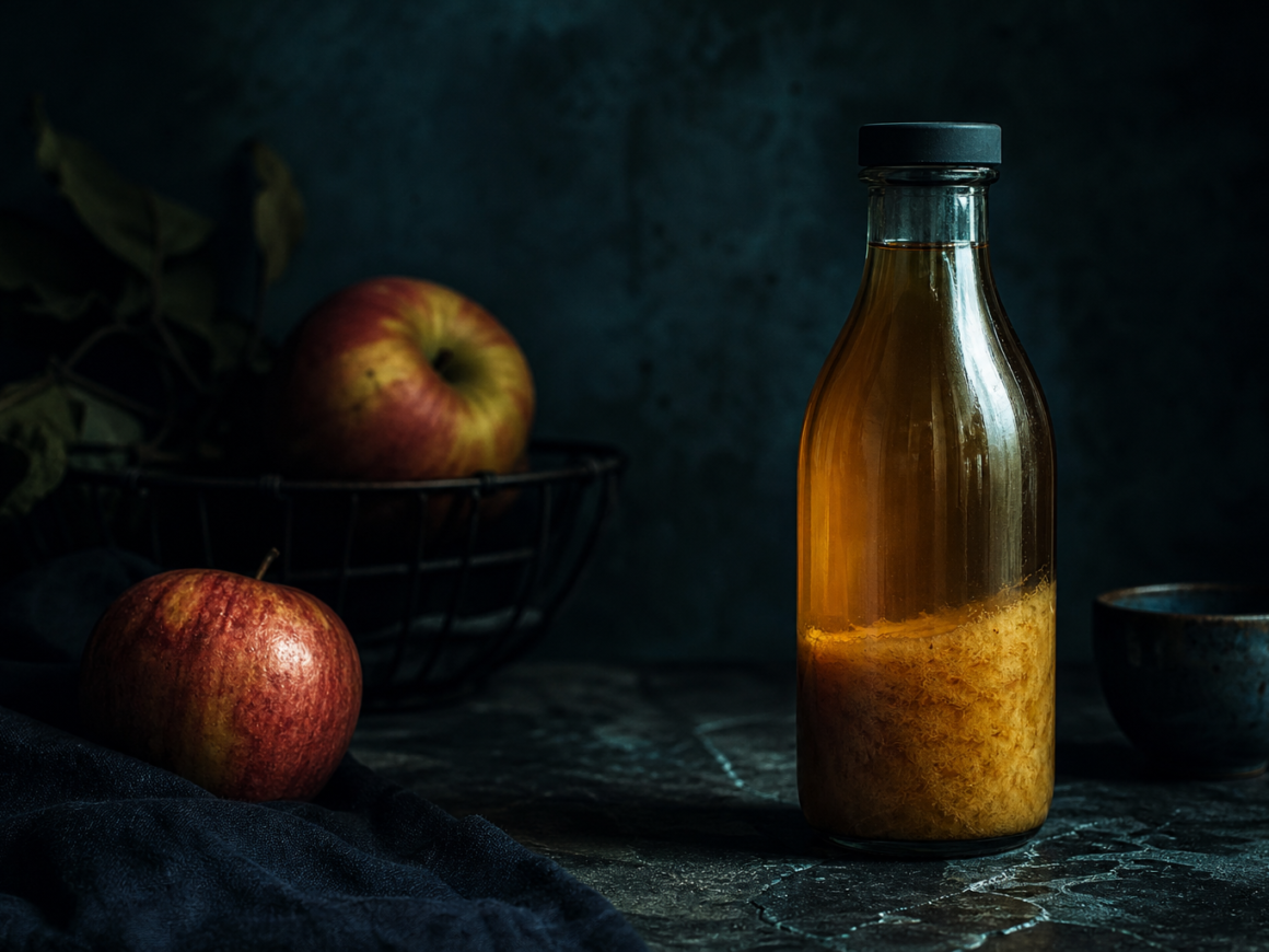 Apple cider vinegar with the mother on dark stone surface
