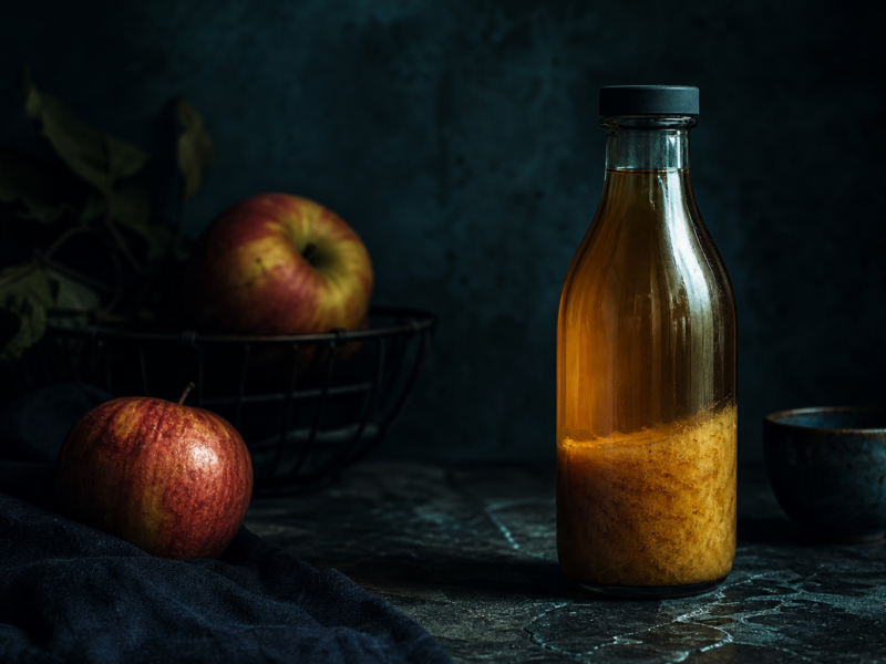 Apple cider vinegar with the mother on dark stone surface