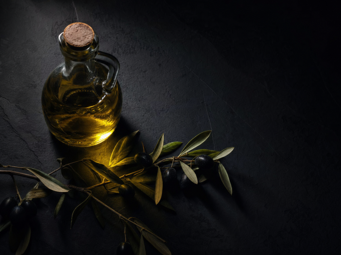 Is olive oil a seed oil - olive oil bottle and olives on dark background