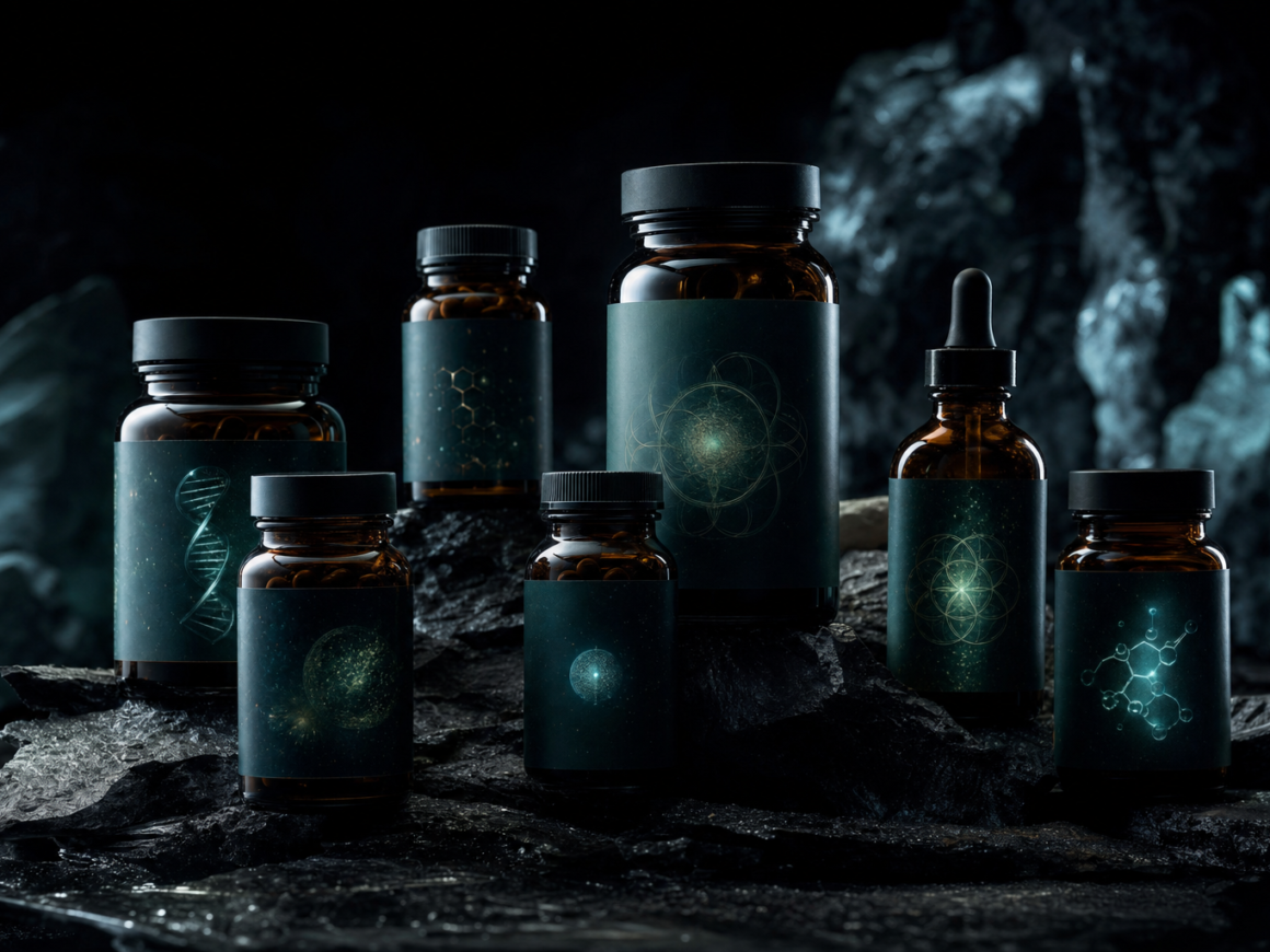 Longevity supplements - dark cinematic anti-aging supplements editorial
