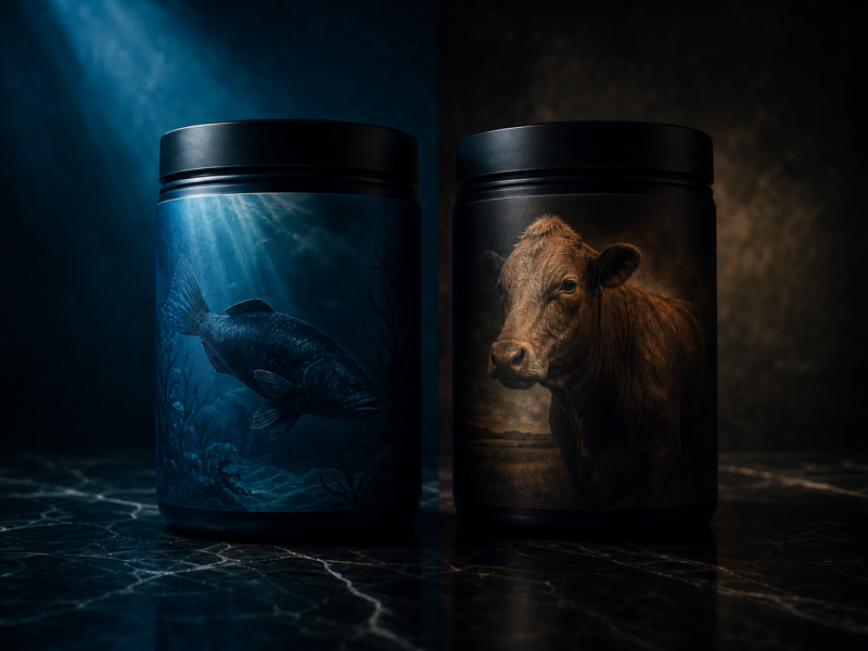 Marine and bovine collagen supplement jars on dark marble