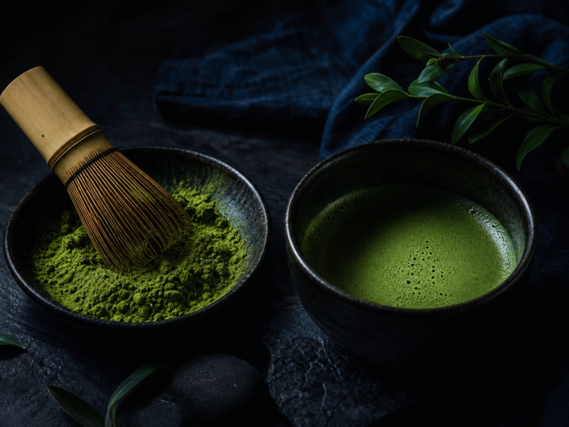 Matcha benefits - ceremonial grade matcha powder and tea preparation