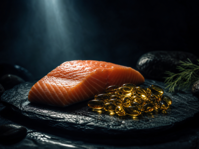 Fresh salmon and fish oil capsules on dark slate surface