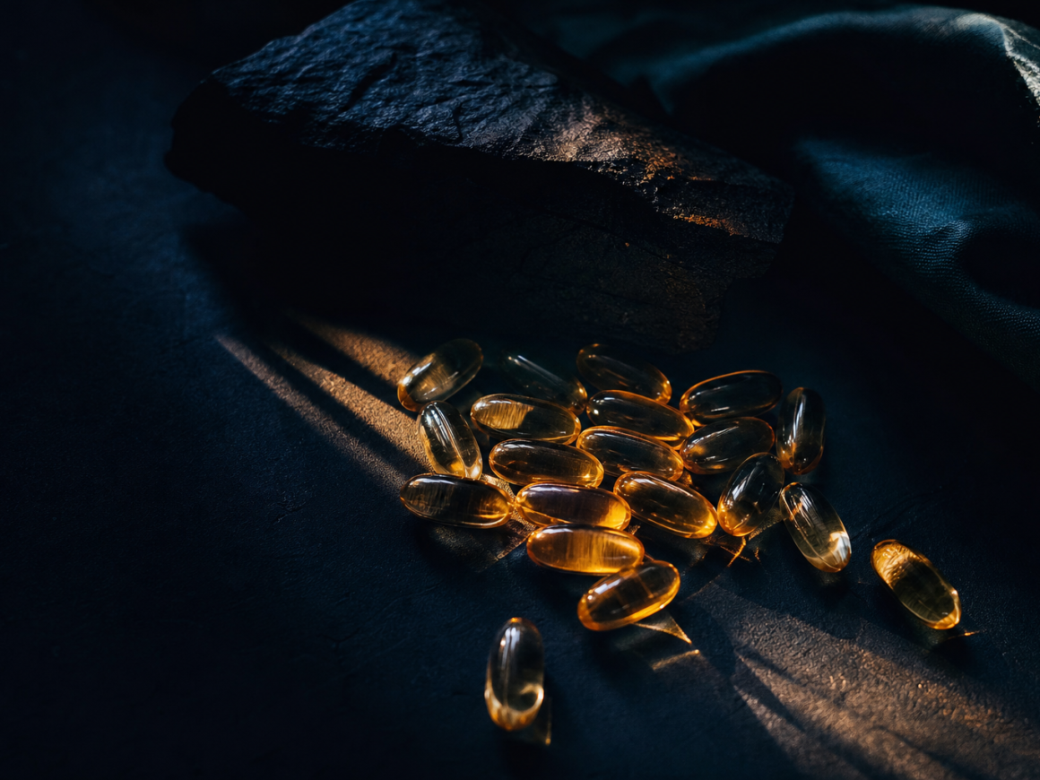 Vitamin D3 capsules with sunlight rays on dark surface