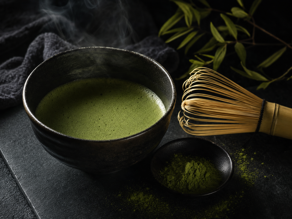 What does matcha taste like - matcha bowl and bamboo whisk on dark slate