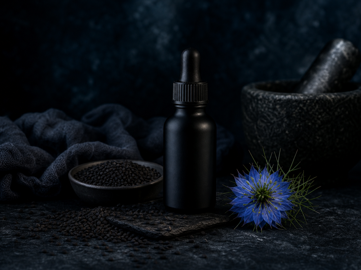 Black seed oil bottle with nigella sativa seeds on dark slate