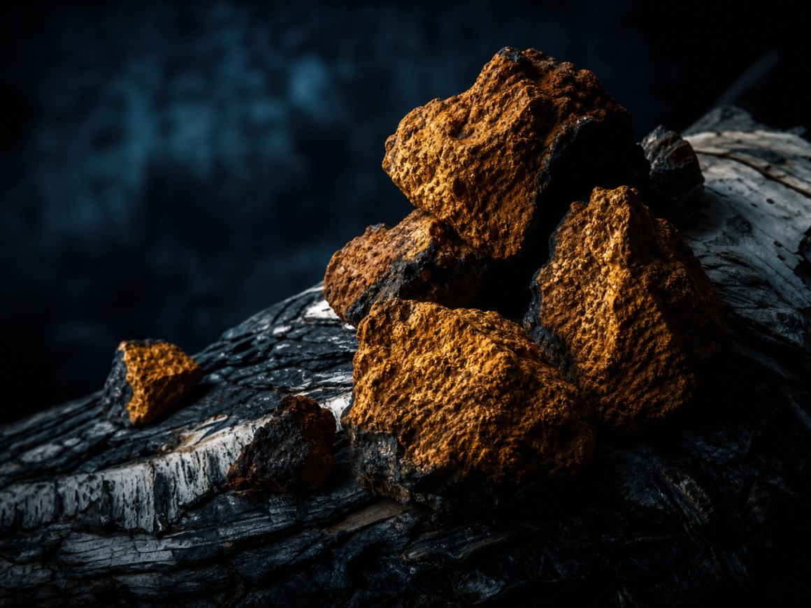 Chaga mushroom chunks on dark birch bark