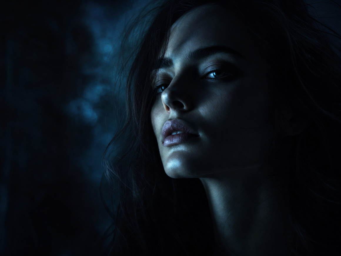 What is cortisol face - dark moody portrait of woman's face