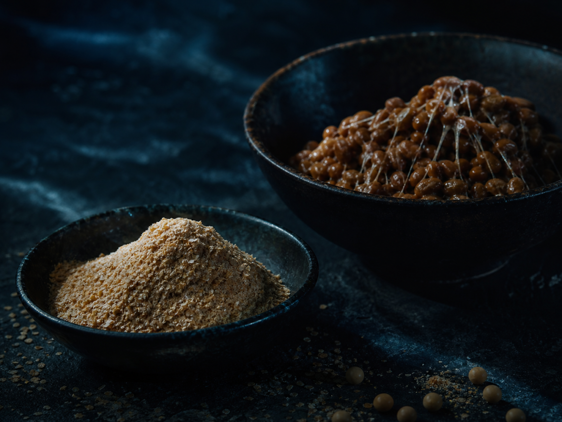 Wheat germ and natto fermented soybeans in dark ceramic bowls