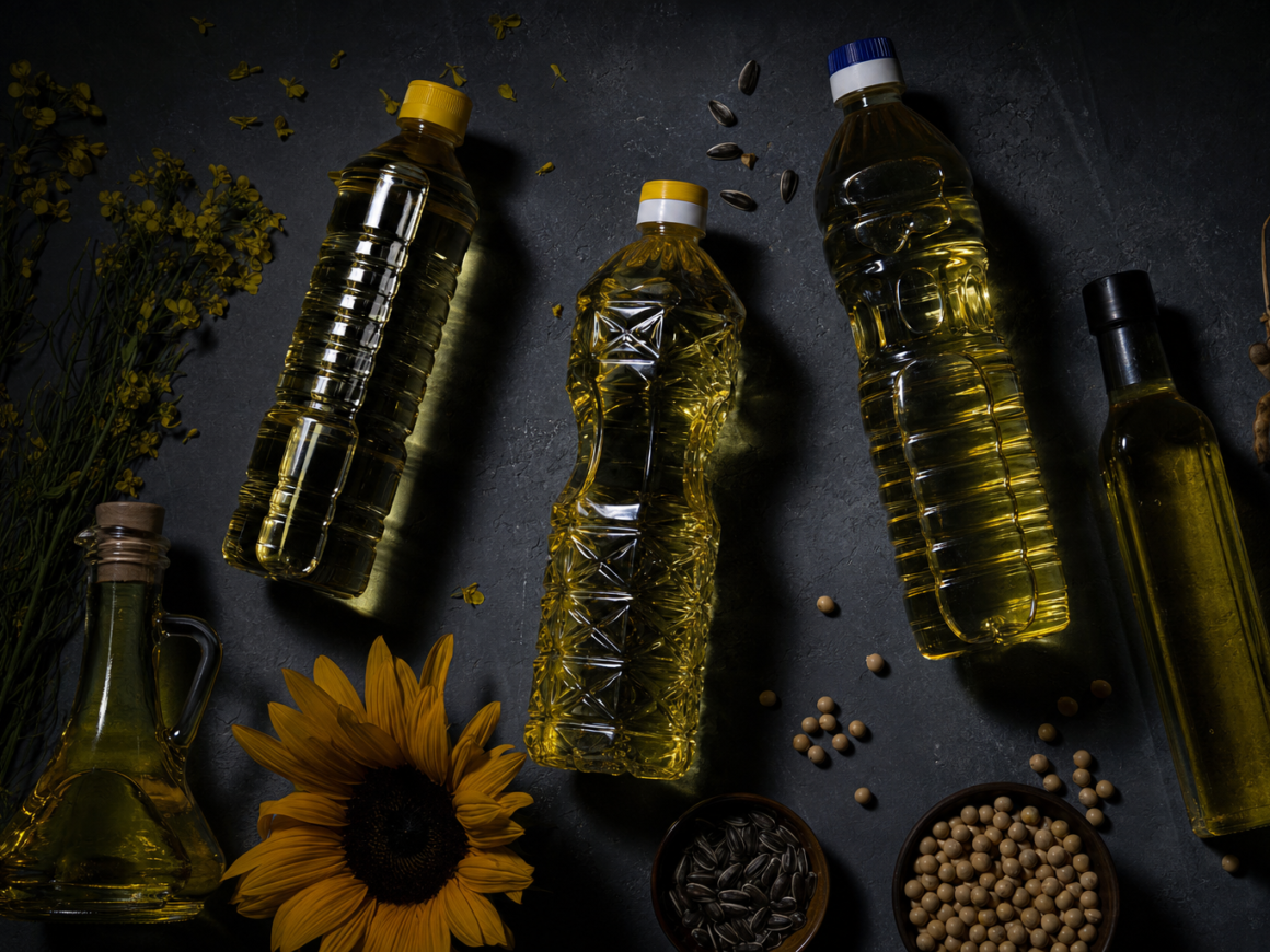 Why are seed oils bad - seed oil bottles on dark surface