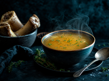 Bone broth benefits - steaming bowl of rich bone broth