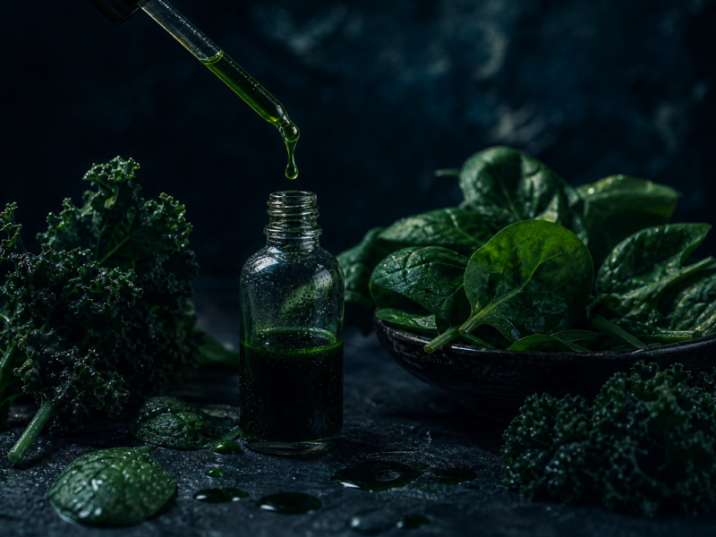 Chlorophyll benefits - green chlorophyll drops and fresh green vegetables