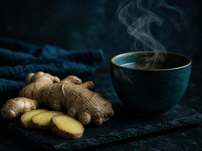 Ginger tea benefits - fresh ginger root and steaming tea