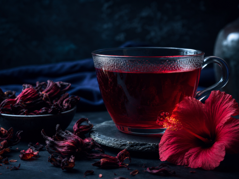 Hibiscus tea benefits - deep red hibiscus tea and dried hibiscus flowers