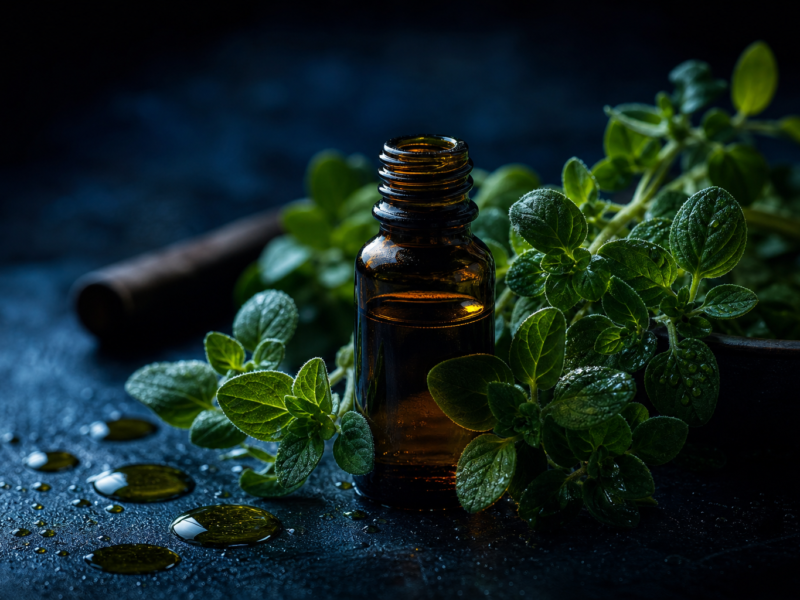 Oregano oil benefits - oil of oregano drops and fresh oregano herb