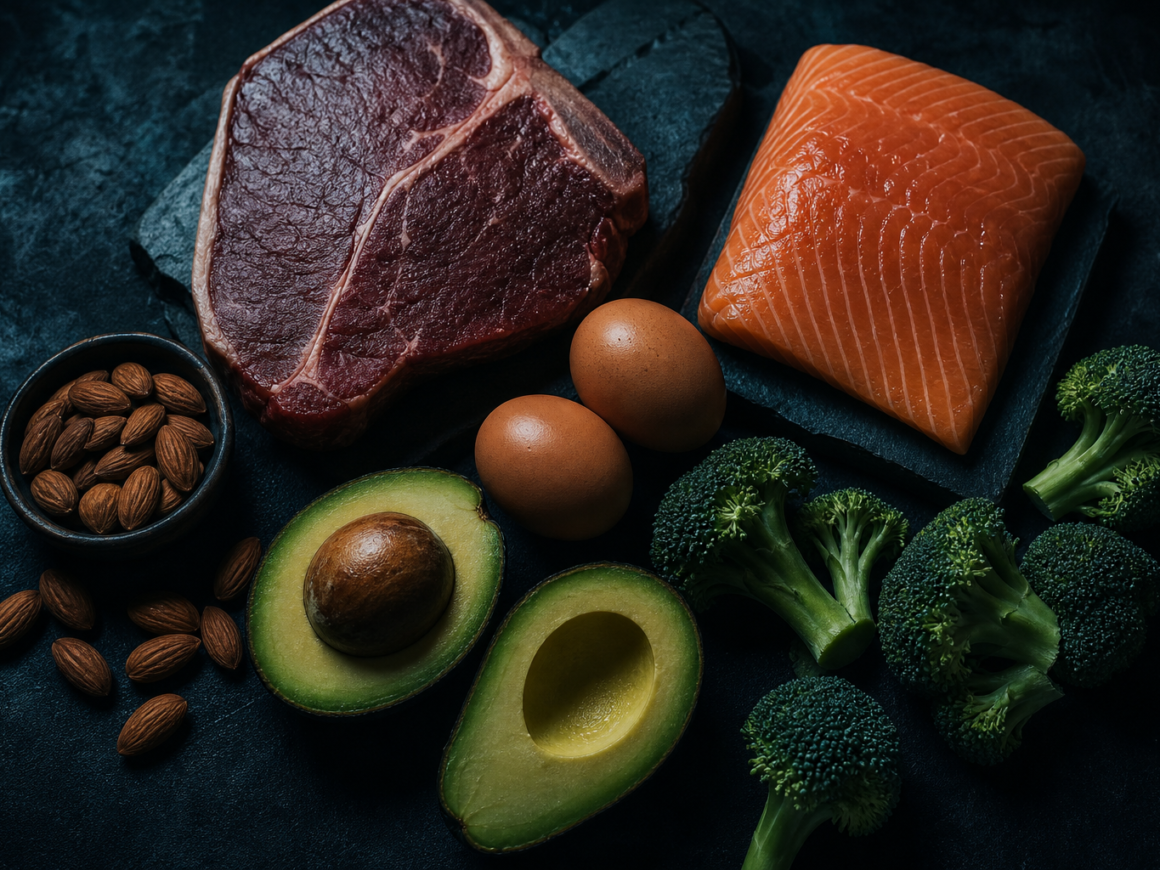 Paleo meal plan foods - meat, vegetables, eggs and nuts on dark background
