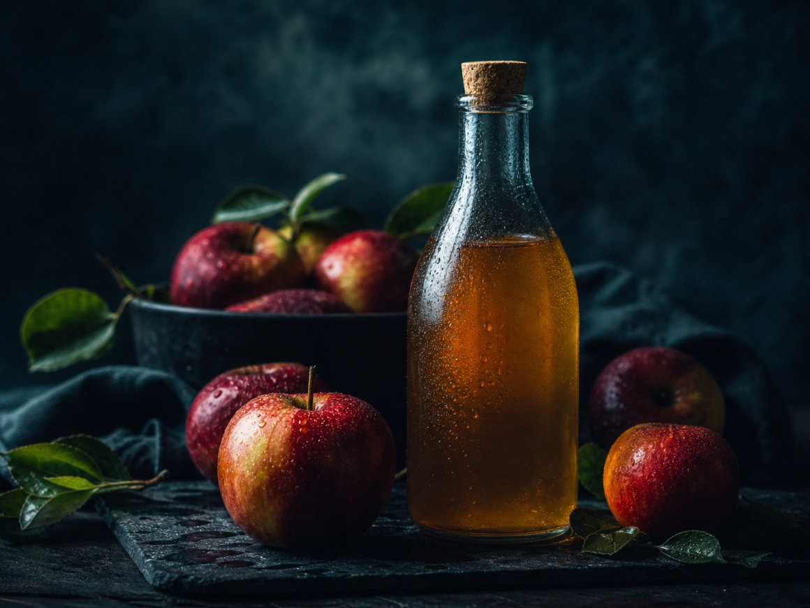 Apple cider vinegar benefits - bottle of ACV with apple