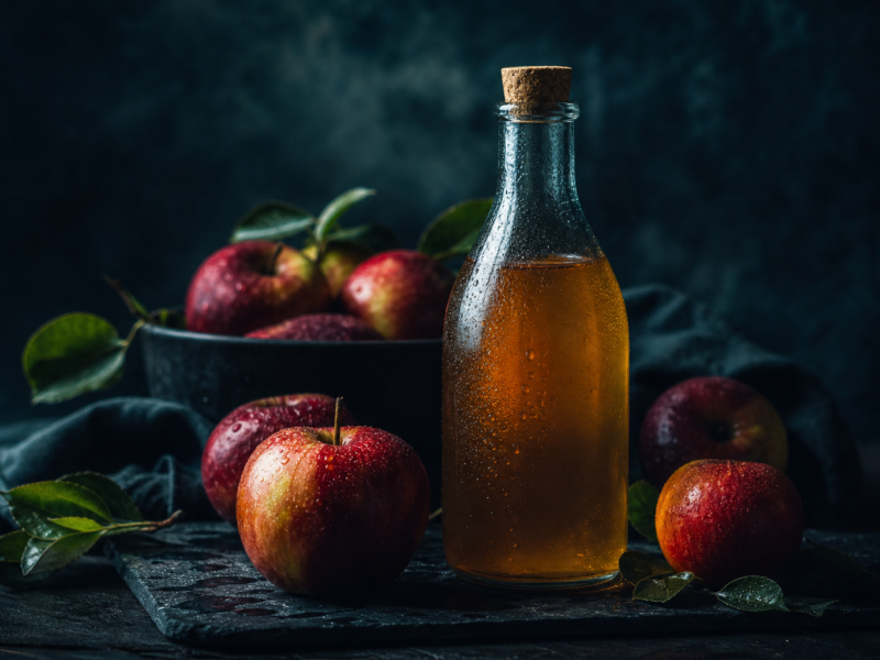 Apple cider vinegar benefits - bottle of ACV with apple