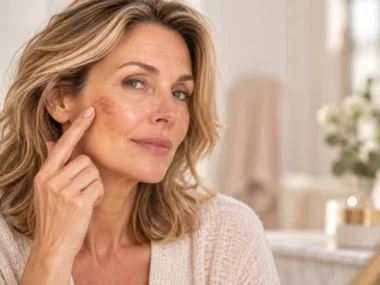 Mature woman examining a dark spot on her cheek