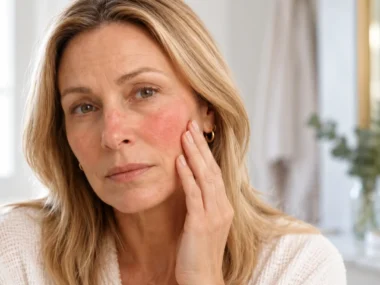 Mature woman examining facial redness on her cheek