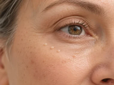 Close-up of tiny white milia bumps under the eye on mature skin