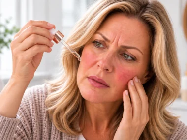 Mature woman holding a serum dropper while touching irritated cheek skin